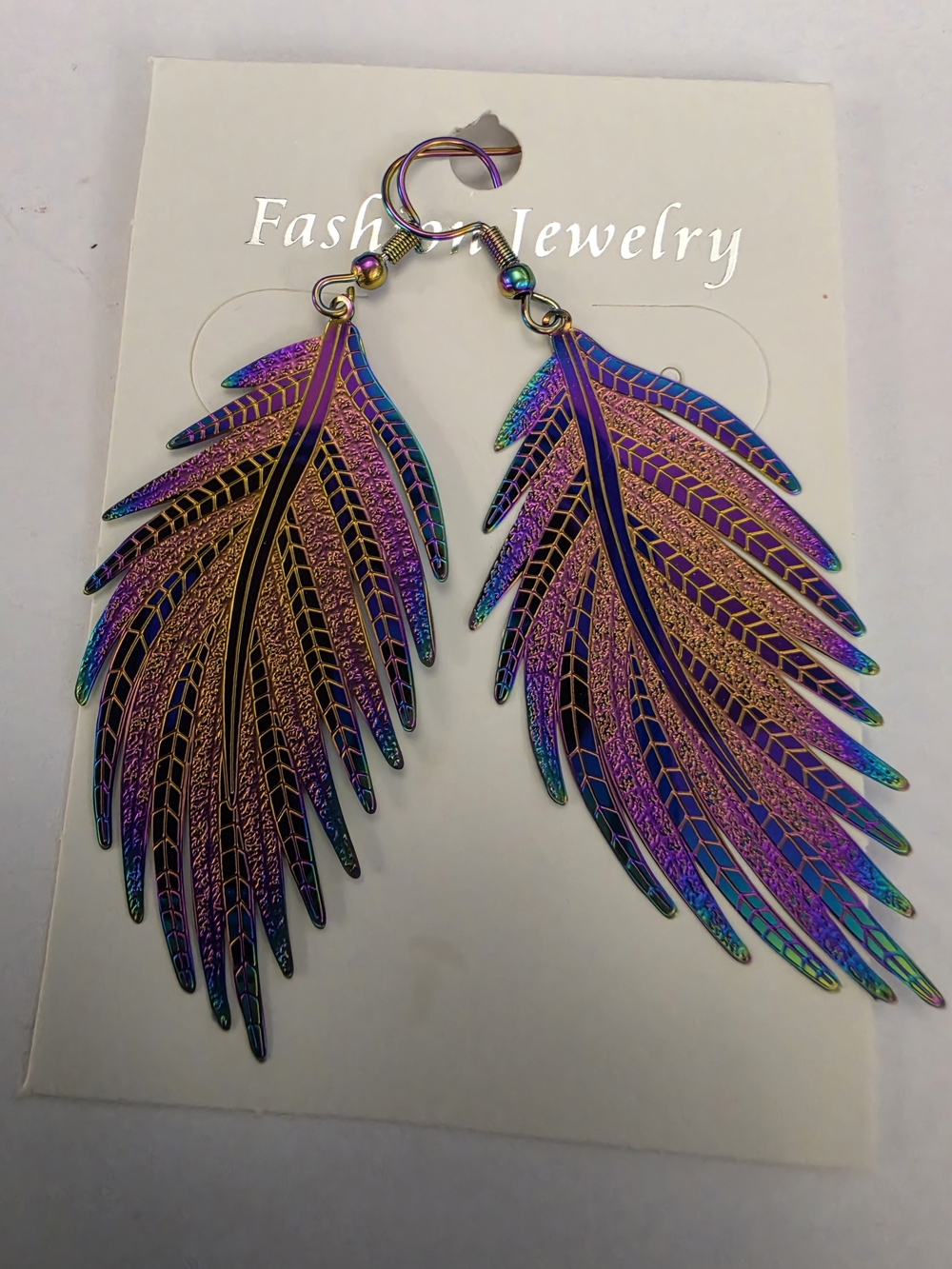 Fashion Jewelry Iridescent Purple and Blue Feather Dangle Earrings